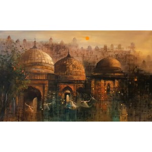 A. Q. Arif, 24 x 42 Inch, Oil on Canvas, Cityscape Painting, AC-AQ-516